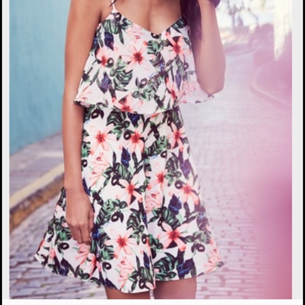 Vince Camuto White Floral Midi Dress with Pink & Green Print